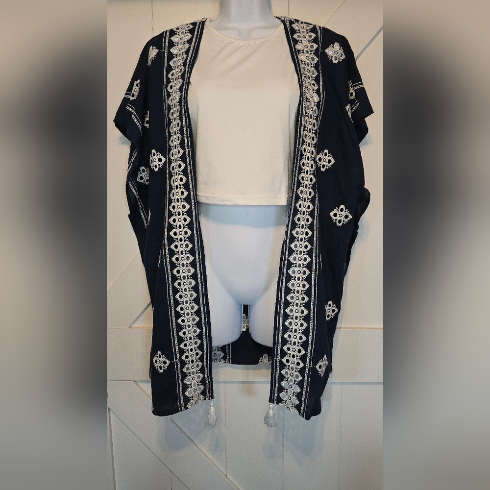 Women’s Boho Kimono Cardigan S-M Navy Blue Crochet Embroidery Tassels Cover Up